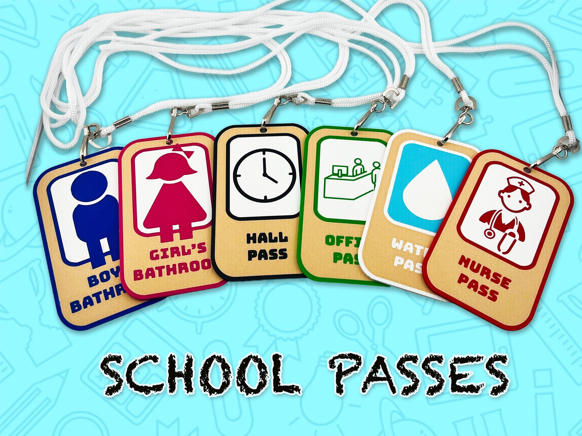 School Hall Passes, Collection of 6, Lanyards Included, Durable, Easy to Indetify, 3D Printed.